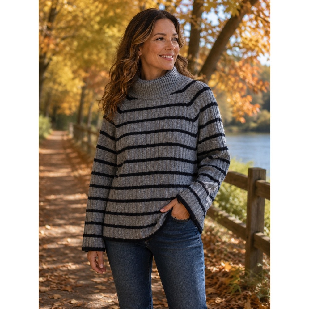 1.STATE Women XL Gray Black Stripe Ribbed Turtleneck Sweater Cozy Minimalist